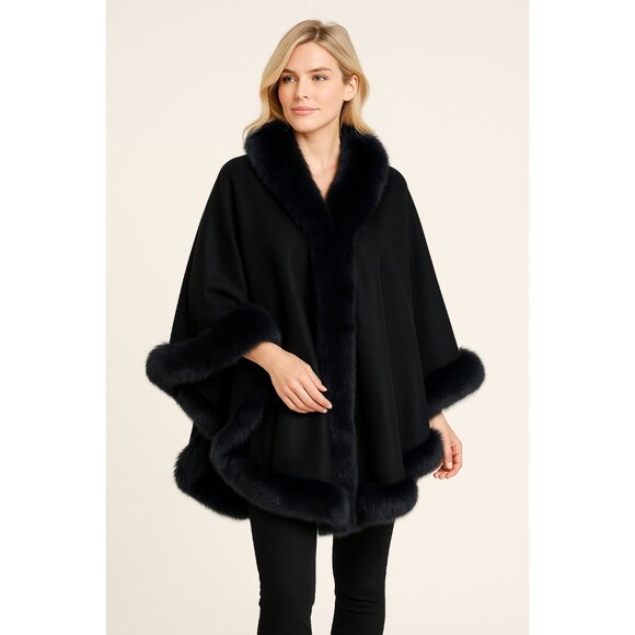Overland Real Fox Fur 100% Cashmere Cape Poncho Shawl Black Saga Furs LUXE - Picture 1 of 9
